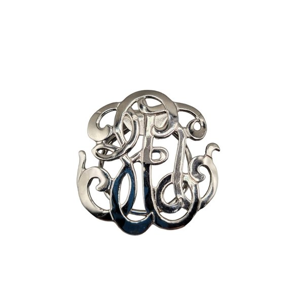 Monogrammed Scarf Clip Fancy Scroll Design Round Silver Tone - Picture 4 of 4